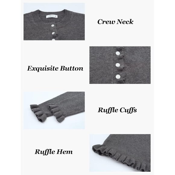 Alljoin Women Dark Gray Long Sleeve Solid Knit Cardigan Casual Crewneck Sweaters - Picture 5 of 6